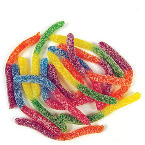 A colorful assortment of Rainbow Sour Gloworms featuring vibrant worm-shaped gummy candies dusted with a sour sugar coating.