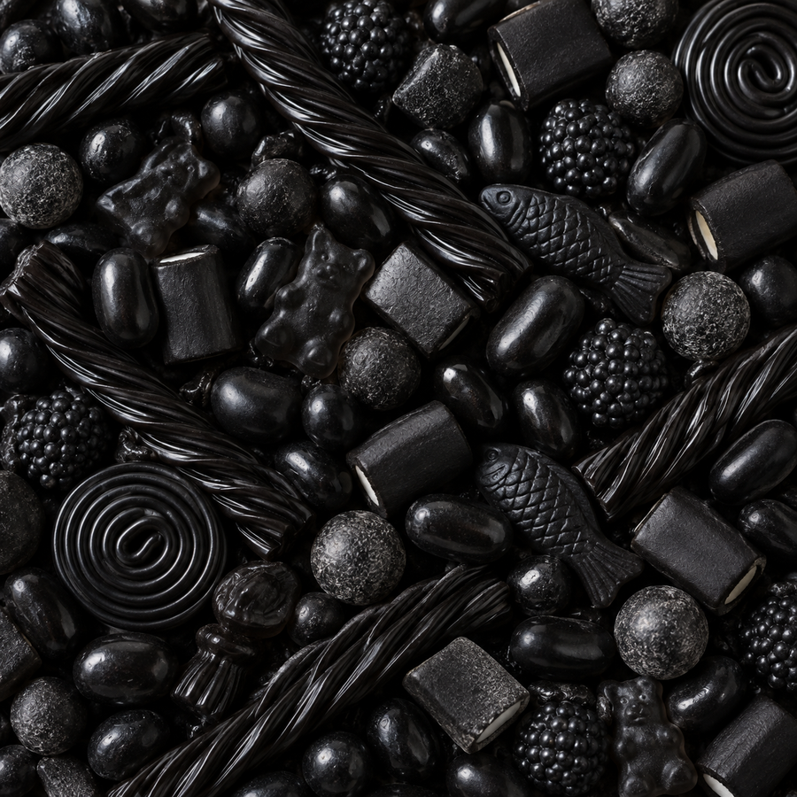 A close-up, top-down view of assorted black candies and sweets, including twisted lollipops, gummy bears, fish-shaped candies, blackberries, and dark chocolate pieces filling the frame.