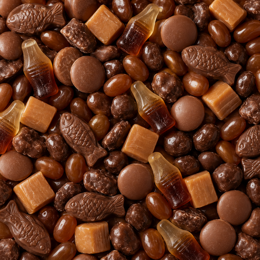 A close-up, top-down view of assorted chocolate candies, including fish-shaped pieces, round milk-chocolate discs, caramel squares, and bottle-shaped candies in shades of brown and amber.