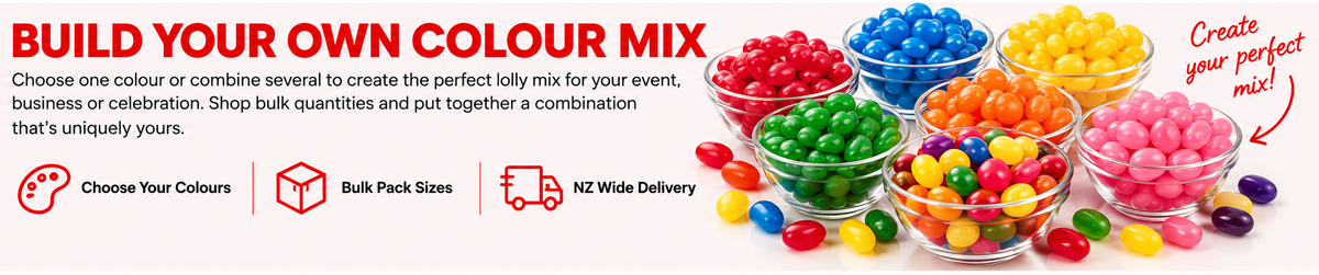 Promotional graphic for a lolly mix product showing multiple bowls of colorful round candies with text reading 'BUILD YOUR OWN COLOUR MIX' and 'Shop bulk quantities and put together a combination that's uniquely yours.'.
