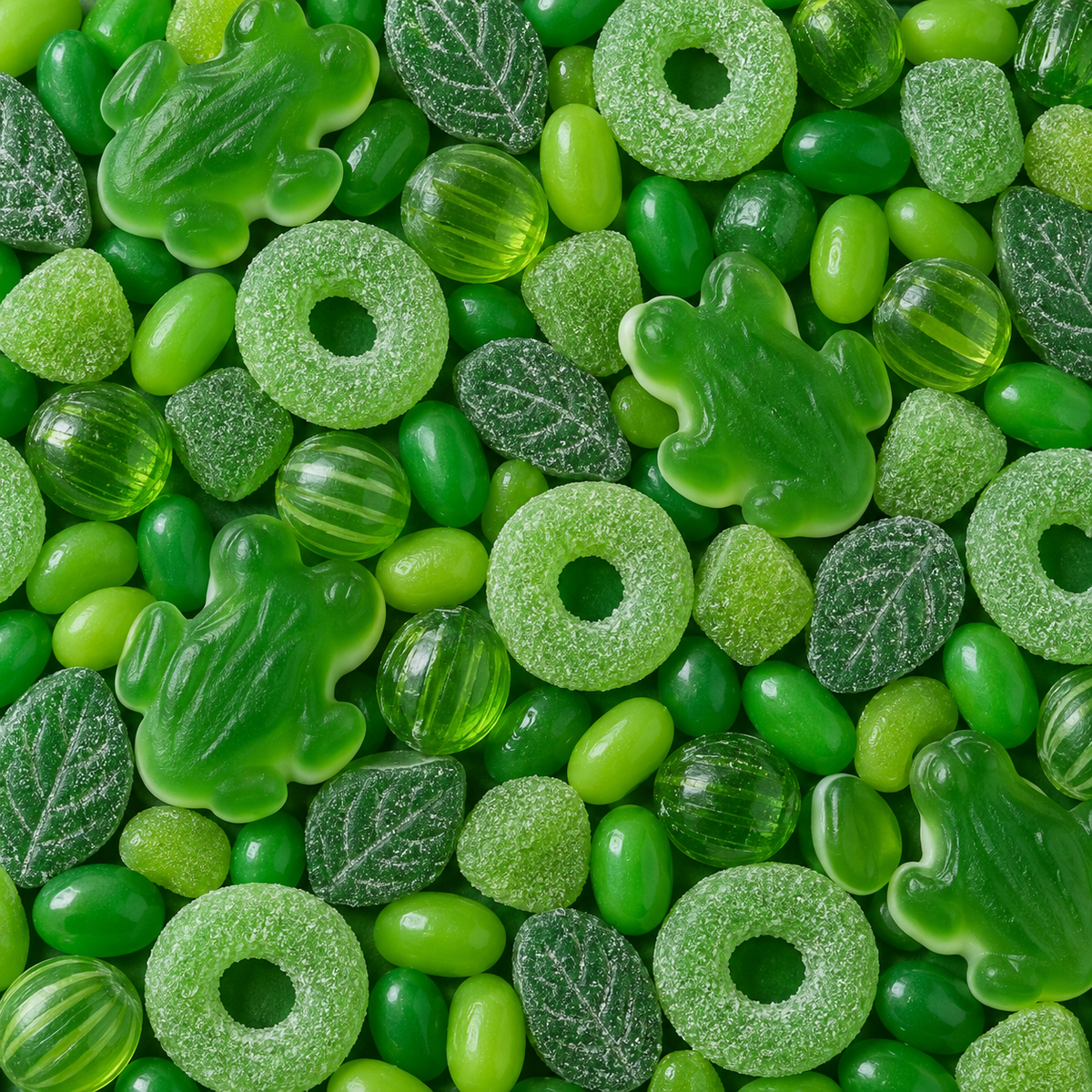 A close-up, top-down view of green candy pieces filling the frame, including frog-shaped gummy candies, sugar-coated ring gummies, oval jelly beans, and leaf-shaped candies.