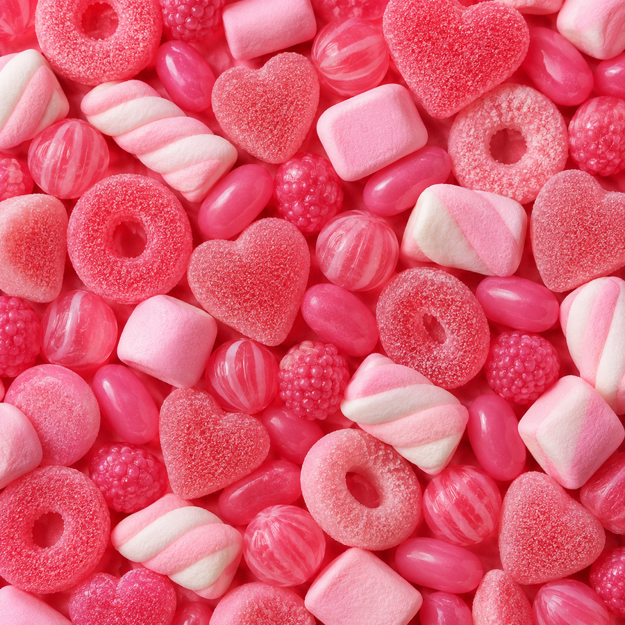 A dense, top-down close-up of assorted pink and red candies, including heart-shaped gummy candies, ring-shaped sour gummies, twisted marshmallow candies, and pink jelly beans.