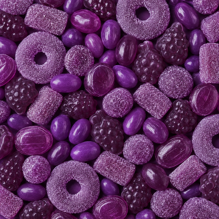 A close-up, top-down view of assorted purple candies filling the frame, including sugar-coated rings, glossy jelly beans, soft gummy strips, and berry-shaped candies.