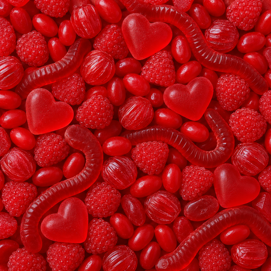 A close-up, top-down view of red gummy candies, including heart-shaped gummies, red jello candies, and gummy worms, mixed with real raspberries to create a Valentine's Day themed candy mix.