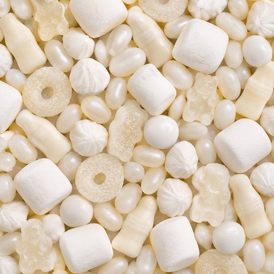A close-up, top-down view of a candy mix featuring white marshmallows, translucent jelly beans, gummy bears, and ring-shaped gummy candies.