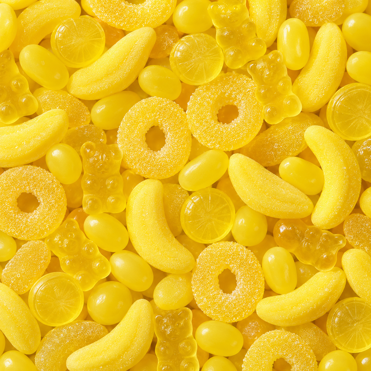 A close-up, top-down view of assorted yellow gummy candies, including banana-shaped gummies, grape-shaped gummies, lemon slice gummies, and sugar-coated ring gummies, filling the entire frame.