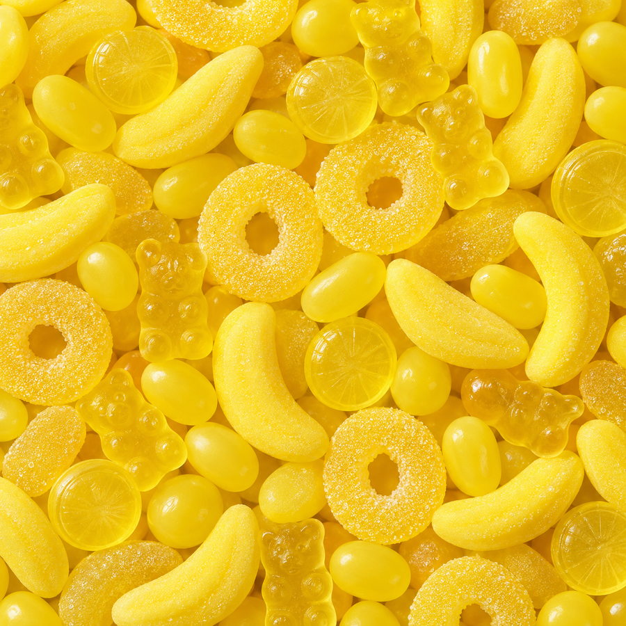 A close-up, top-down view of assorted yellow gummy candies, including banana-shaped gummies, grape-shaped gummies, lemon slice gummies, and sugar-coated ring gummies, filling the entire frame.