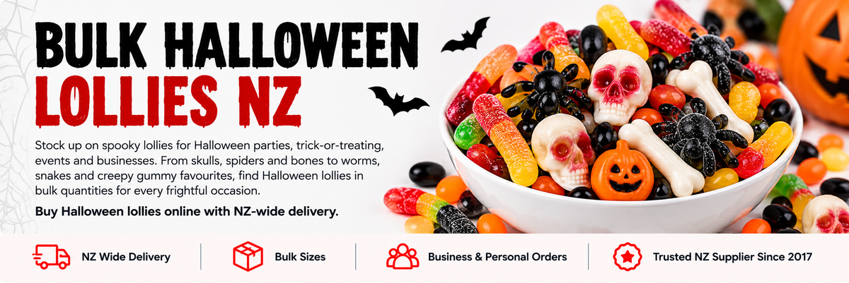 Assorted bulk Halloween lollies including gummy skulls spiders bones and worms from Bulk Lollies NZ