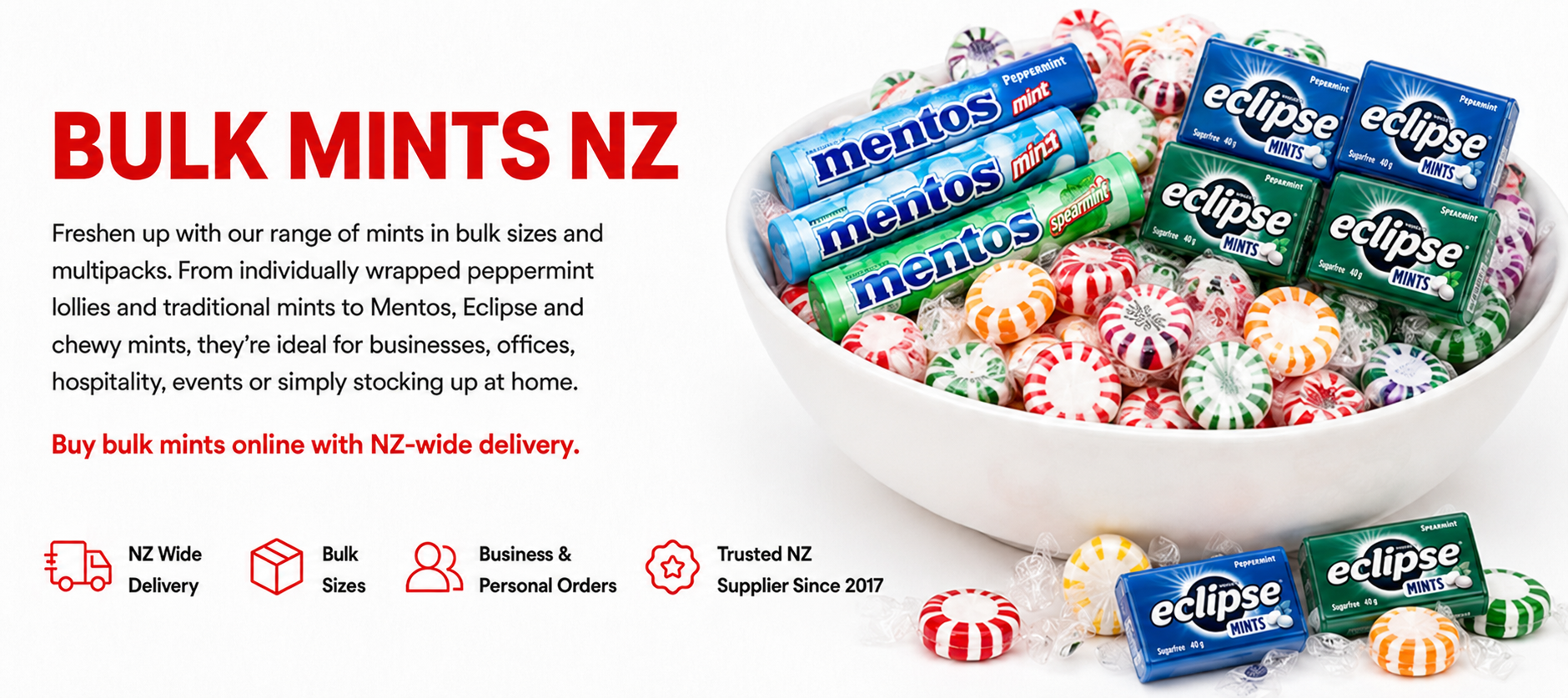 Assorted bulk peppermint, spearmint and individually wrapped mints from Bulk Lollies NZ