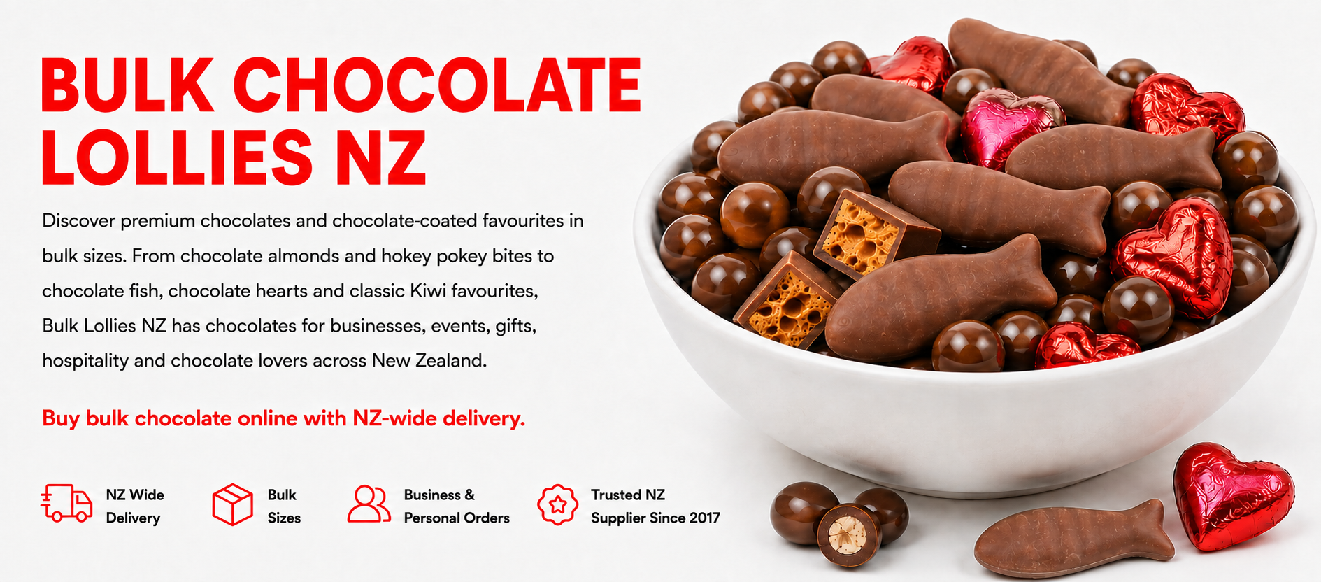 A promotional product image for bulk chocolate lollipops from Bulk Chocolate NZ. The right side shows a white bowl filled with assorted milk and dark chocolates, some with red heart-shaped foil wrappers, on a white background.