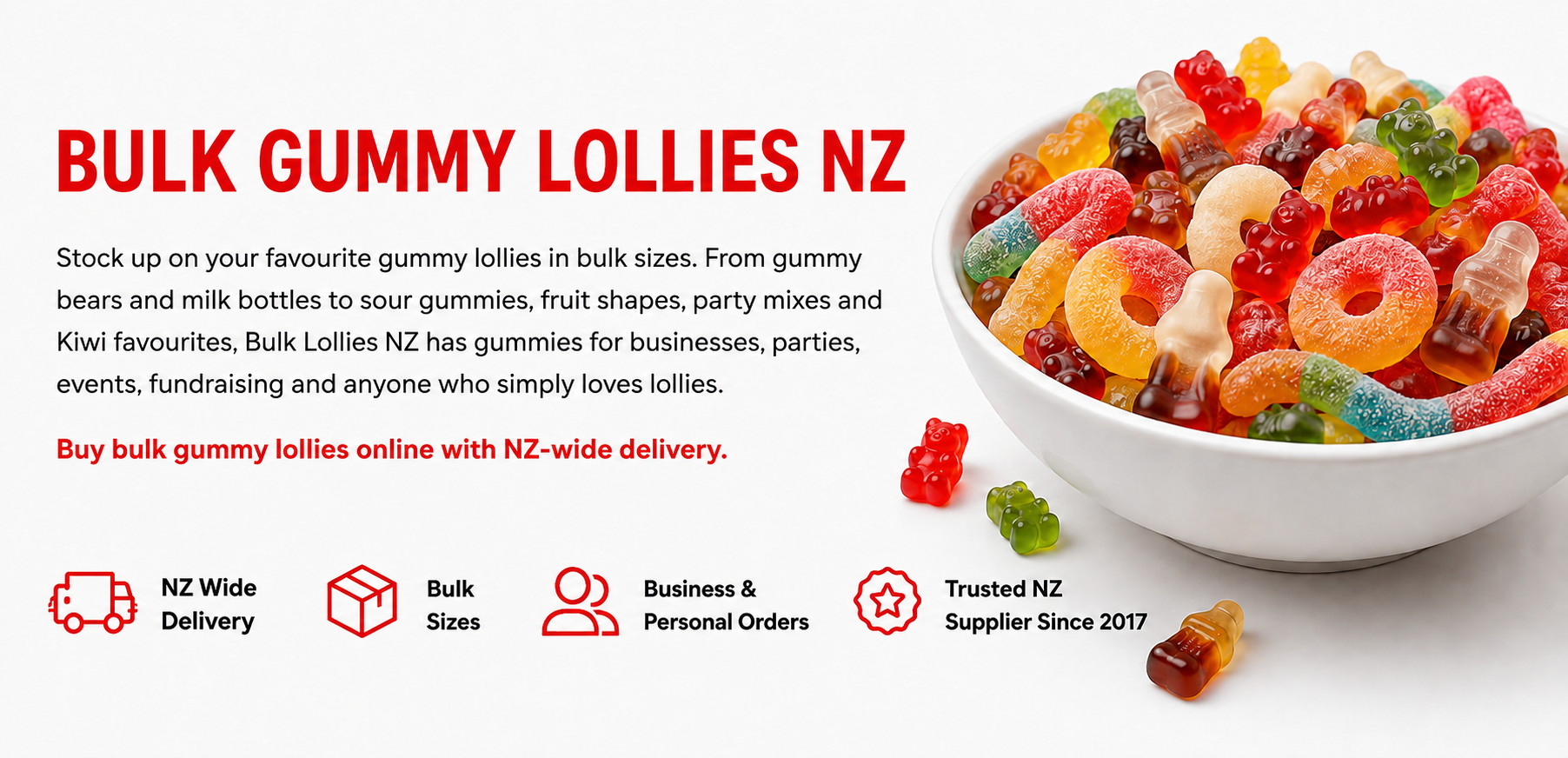Promotional graphic for Bulk Gummy Lollies NZ showing a white bowl filled with assorted colorful gummy candies on a white background, with text describing bulk orders and delivery.