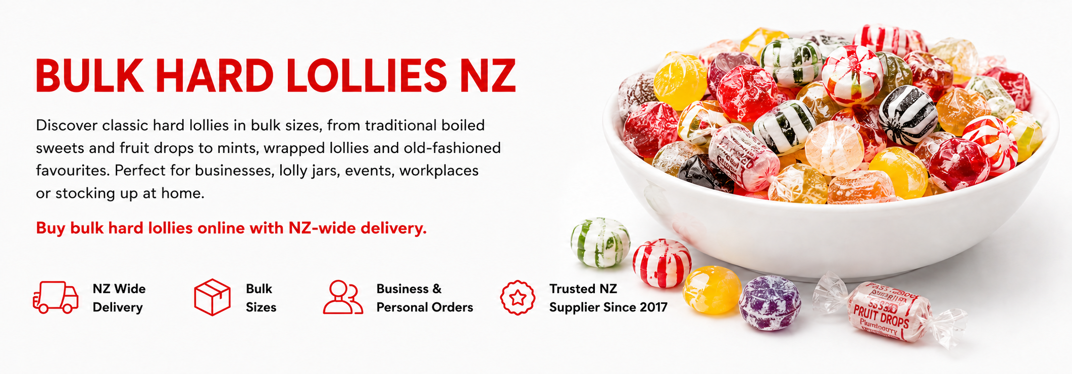 Assorted bulk hard lollies and traditional boiled sweets from Bulk Lollies NZ