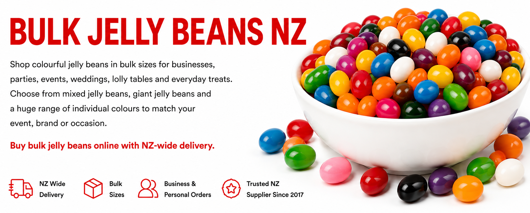 Colourful mixed and single colour bulk jelly beans from Bulk Lollies NZ