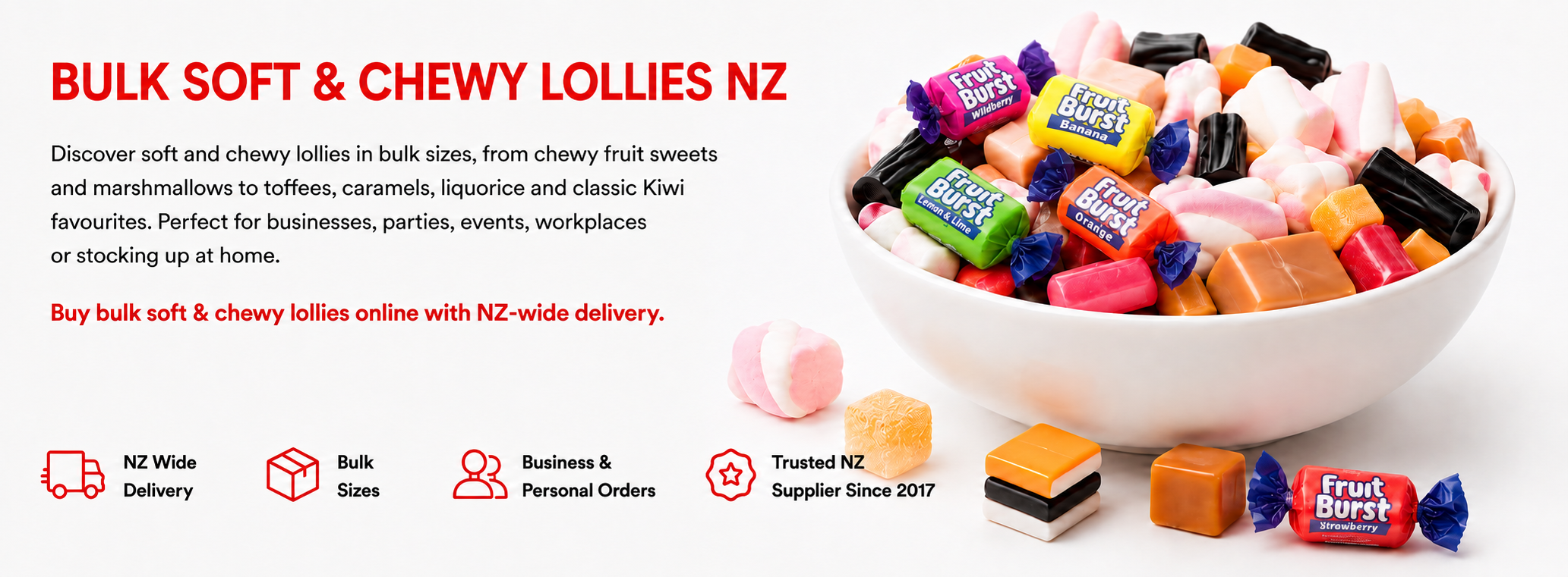 Assorted bulk soft and chewy lollies available from Bulk Lollies NZ