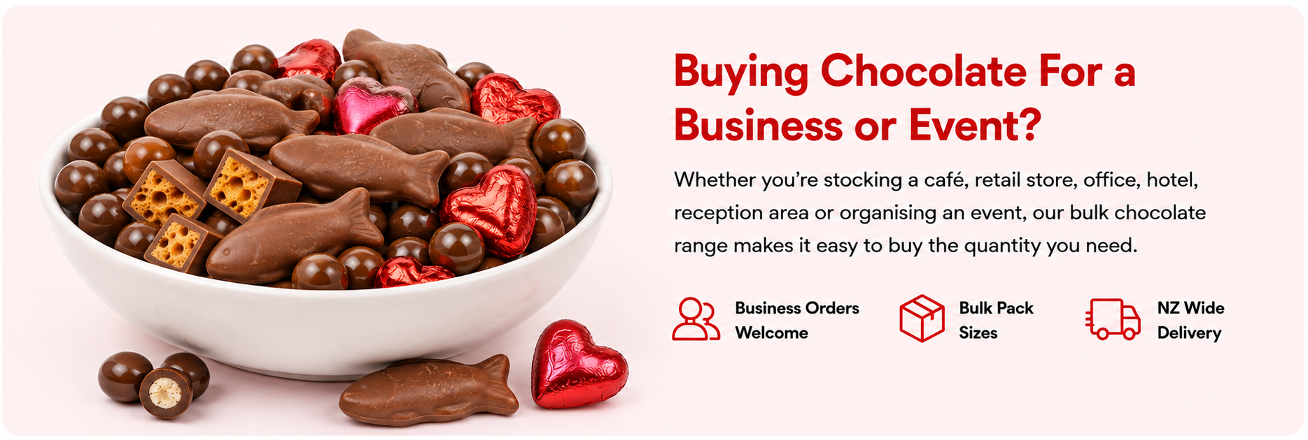 A white bowl filled with assorted chocolate pieces, including milk chocolate pieces, dark chocolate pieces, and red heart-shaped chocolates, with promotional text on a white background.