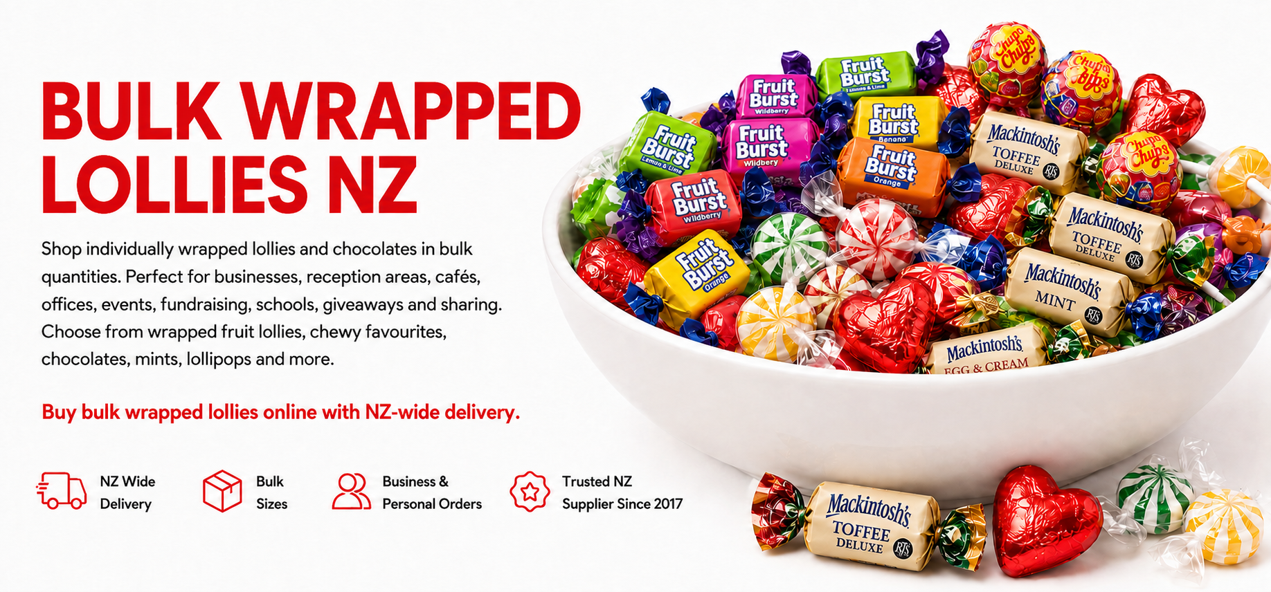 A promotional product image for Mackintosh Bulk Wrapped Lollies NZ, showing a white bowl filled with assorted individually wrapped lollipops and chocolates, with several wrapped lollipops placed in front. The left side includes large red text reading 'BULK WRAPPED LOLLIES NZ,' descriptive copy, and feature icons for NZ-wide delivery, bulk sizes, business/personal orders, and trusted supplier status since 2017.