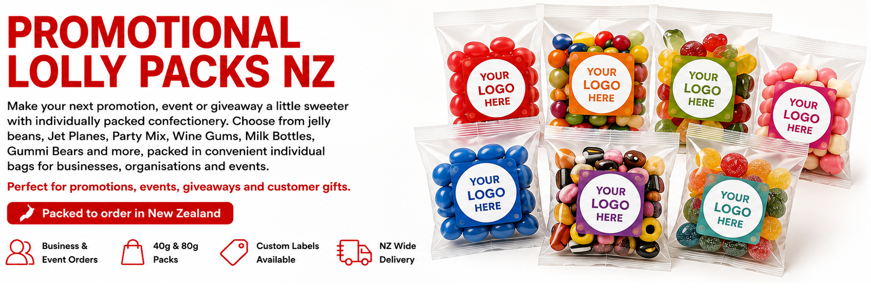 Promotional lolly packs with custom labels for New Zealand businesses and events