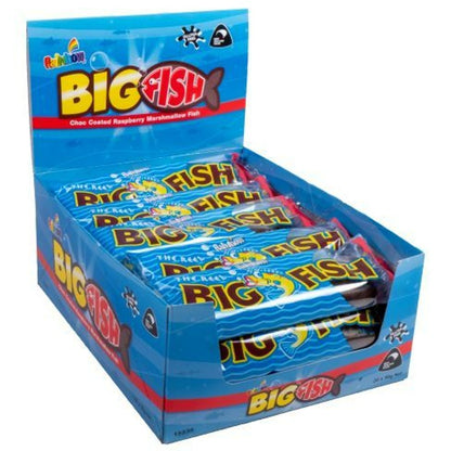Rainbow Big Fish Raspberry chocolate-coated raspberry marshmallow fish 20 x 50g box