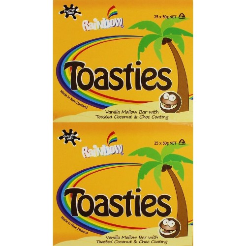 Rainbow Toasties 25 x 50g vanilla marshmallow bars coated in chocolate and coconut