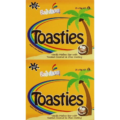 Rainbow Toasties 25 x 50g vanilla marshmallow bars coated in chocolate and coconut