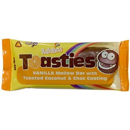 Rainbow Toasties 50g vanilla marshmallow bars coated in chocolate and coconut