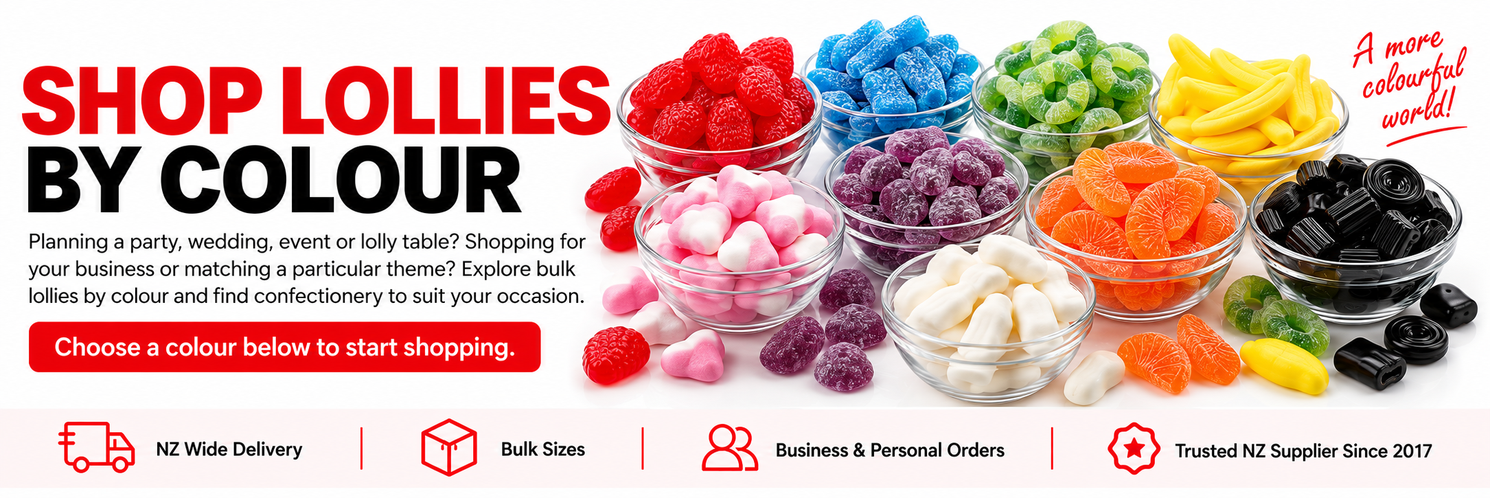 Assorted bulk lollies arranged by colour from Bulk Lollies NZ