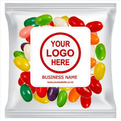 Brandedcellophane candy packs filled with an assortment of vibrant multi colored promotional mix jelly beans