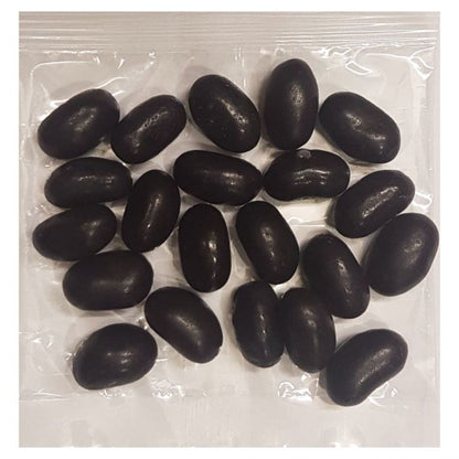 Small clear cellophane packs filled with customizable black color corporate promo jelly beans