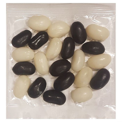 Small clear cellophane packs filled with customizable black and white color corporate promo jelly beans