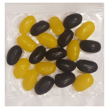 Small clear cellophane packs filled with customizable black and yellow corporate promo jelly beans