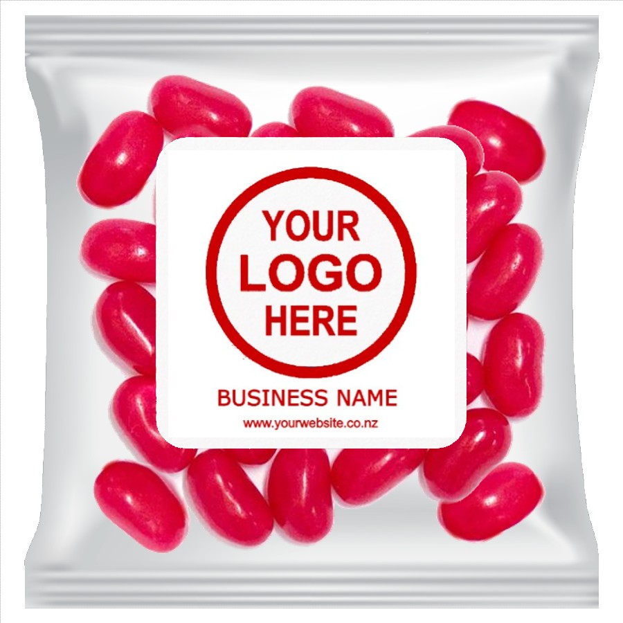 Small clear cellophane packs filled with customizable single or mixed color corporate promo jelly beans