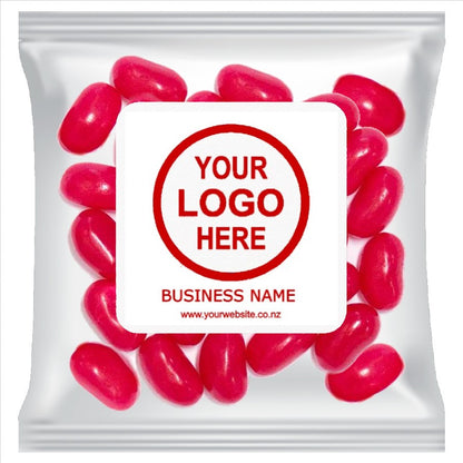 Small clear cellophane packs filled with customizable single or mixed color corporate promo jelly beans