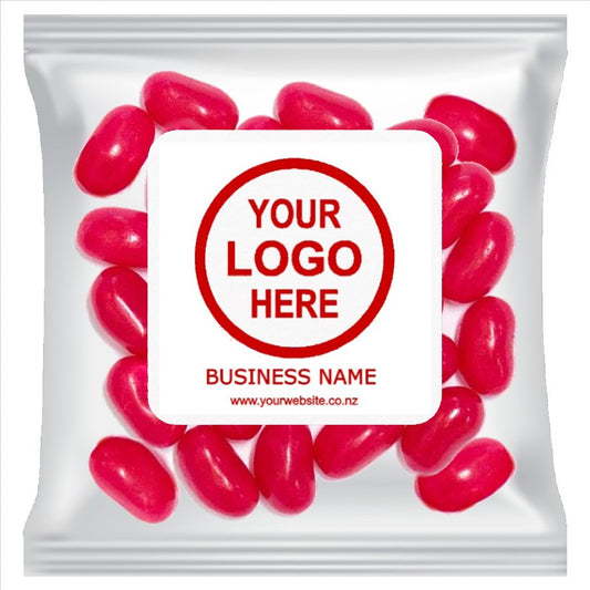 Small clear cellophane packs filled with customizable single or mixed color corporate promo jelly beans