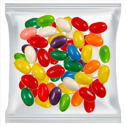 Clear cellophane candy packs filled with an assortment of vibrant multi colored promotional mix jelly beans