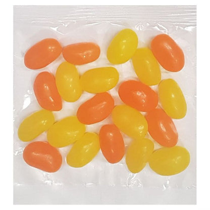 Small clear cellophane packs filled with customizable orange and yellow color corporate promo jelly beans