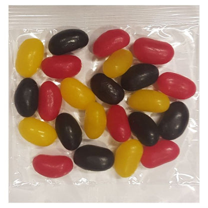 Small clear cellophane packs filled with customizable red black and yellow corporate promo jelly beans
