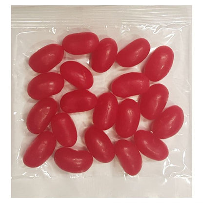 Small clear cellophane packs filled with customizable red color corporate promo jelly beans