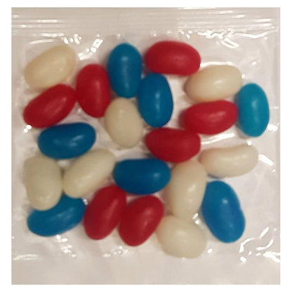 Small clear cellophane packs filled with red white and blue color corporate promo jelly beans