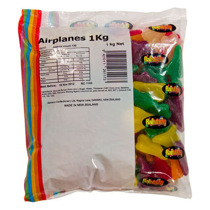 1kg assortment of colorful airplane shaped gummy lollies in a variety of fruit flavors