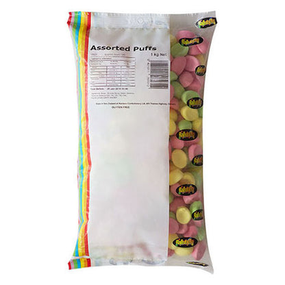 1kg colorful collection of dome shaped yellow pink and green assorted puff grained marshmallow lollies