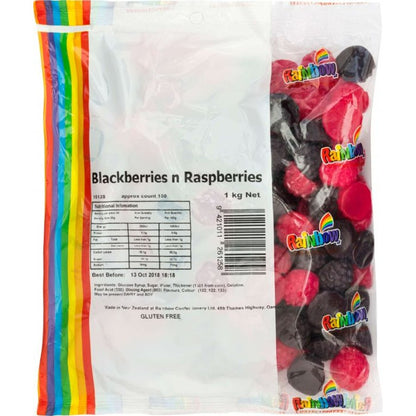 1kg vibrant collection of black and red berry shaped gummy lollies in blackberry and raspberry flavors