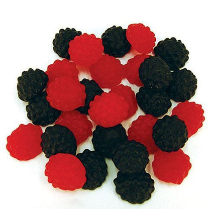 A collection of black and red berry shaped gummy lollies in blackberry and raspberry flavors