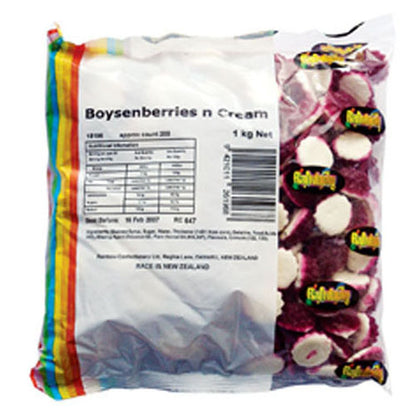 1kg bag of dual layered red and white dome shaped boysenberries and cream gummy lollies