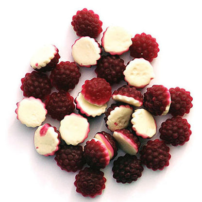 Dual layered red and white dome shaped boysenberries and cream gummy lollies