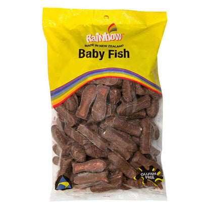 1kg bag of classic bite sized raspberry chewy fish lollies coated in a smooth milk chocolate layer