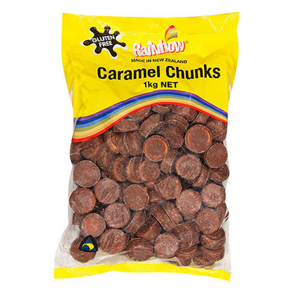 1kg bag of classic bite sized square chewy caramel centers covered in a smooth milk chocolate coating