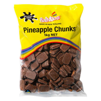 1kg bag of classic bite sized yellow pineapple flavored chewy centers covered in a smooth milk chocolate coating