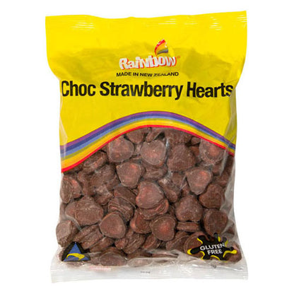 1kgh bag of red strawberry flavored chew heart lollies coated in smooth milk chocolate