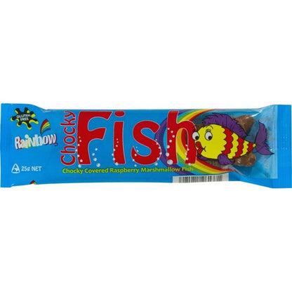 Rainbow Chocky Fish bulk box containing 50 individually wrapped raspberry marshmallow fish in milk chocolate