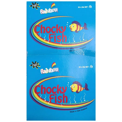 Rainbow Chocky Fish bulk box containing 50 individually wrapped raspberry marshmallow fish coated in milk chocolate